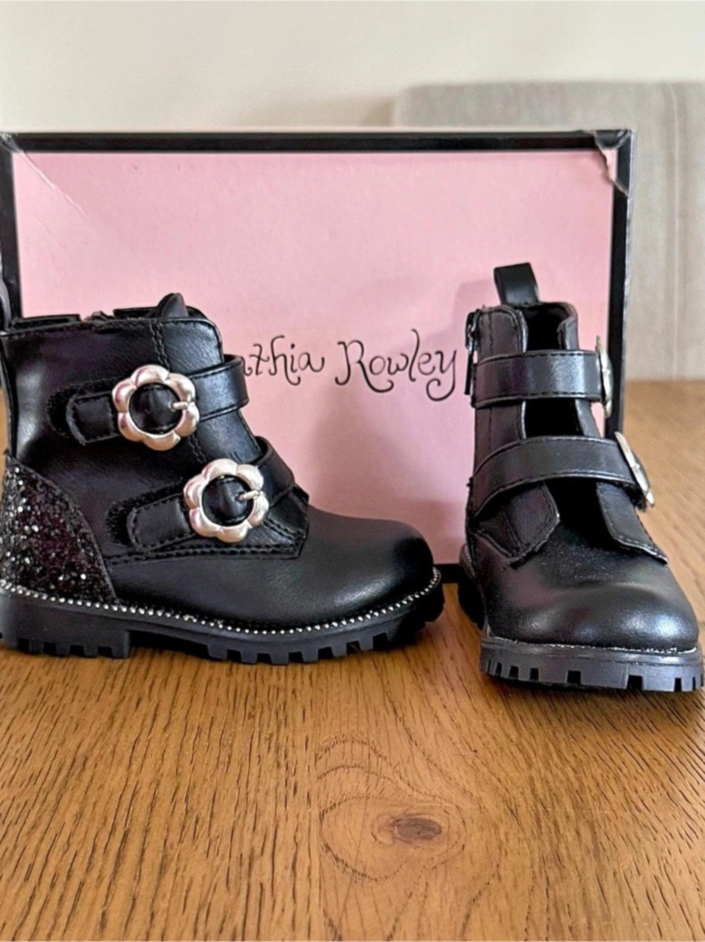 Cynthia Rowley Flower Buckle Moto Boot Black Girls Size 6 NWT